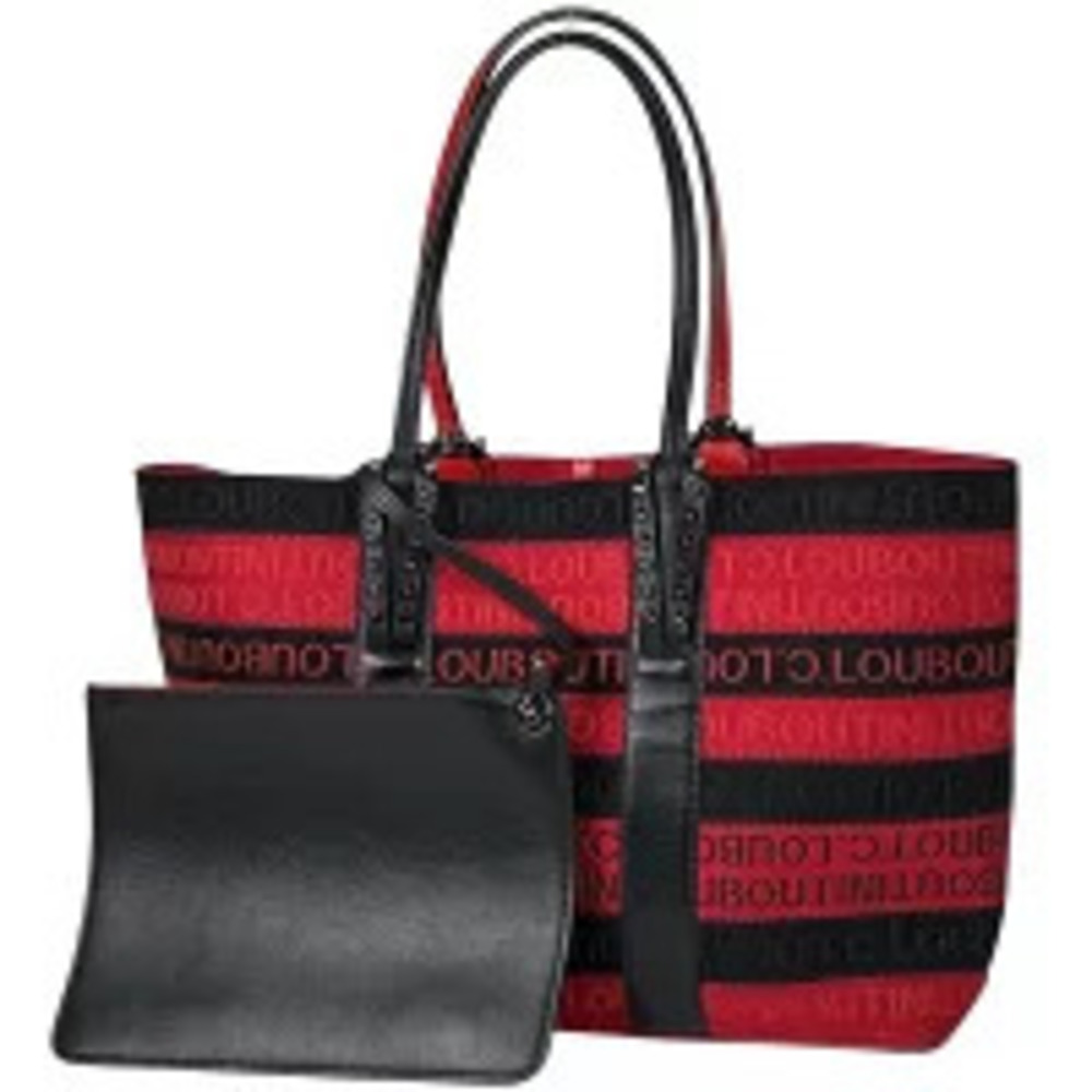 Christian Louboutin Cabata Tote Studded Handbag Hobo Bag Canvas Red Black
